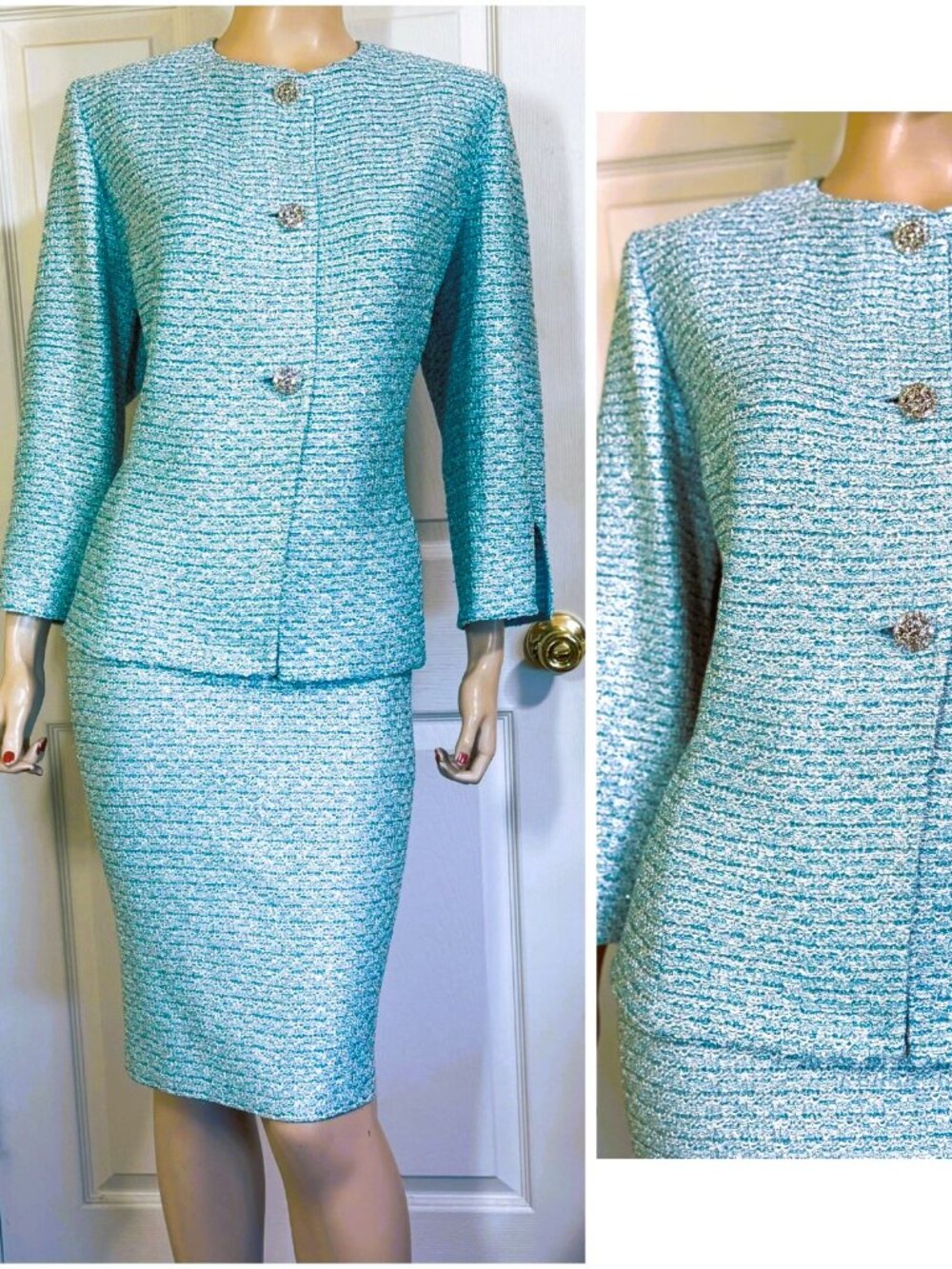 Gorgeous St John Teal ~ Silver Skirt & Jacket Suit Mother of the Bride sz 16